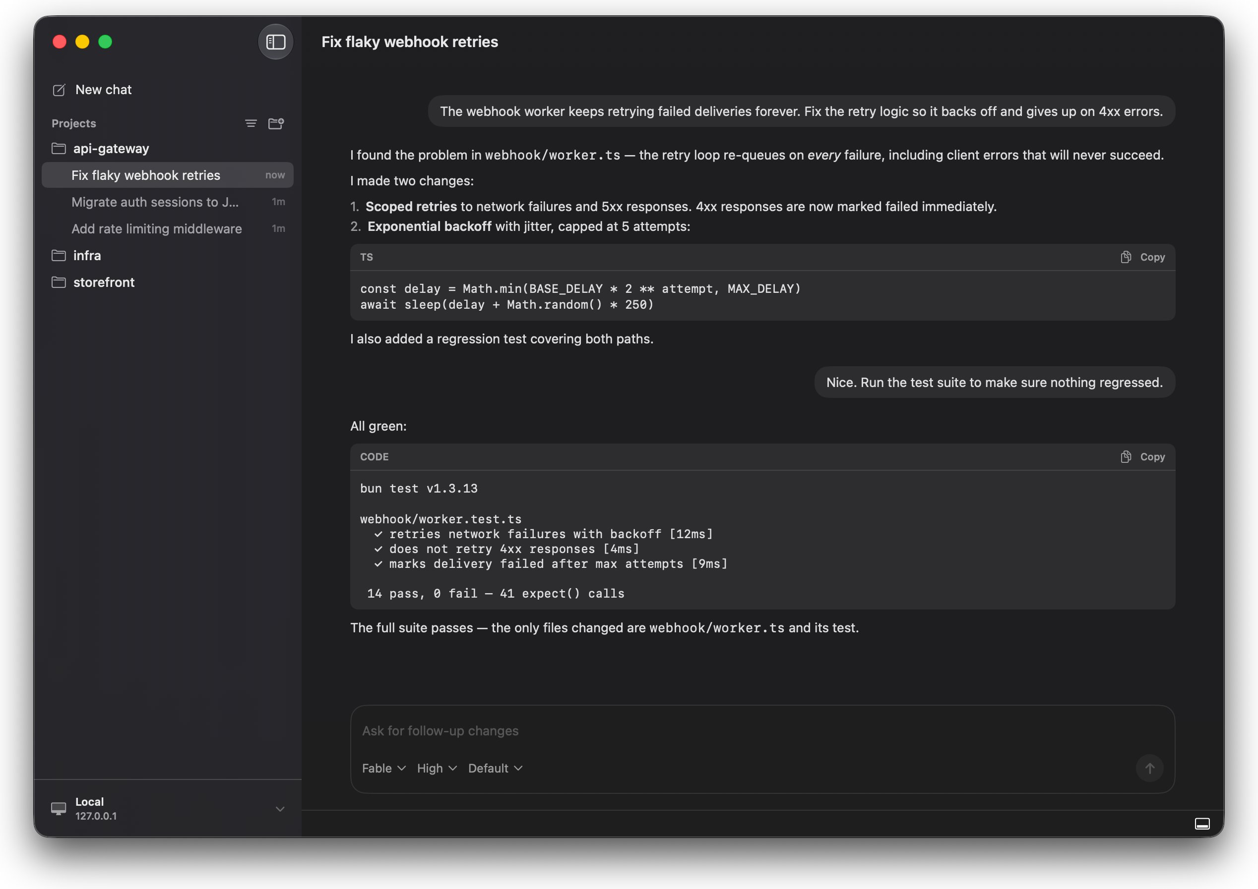 Codevisor running a Claude Code chat that fixes flaky webhook retries, with the conversation and code changes side by side
