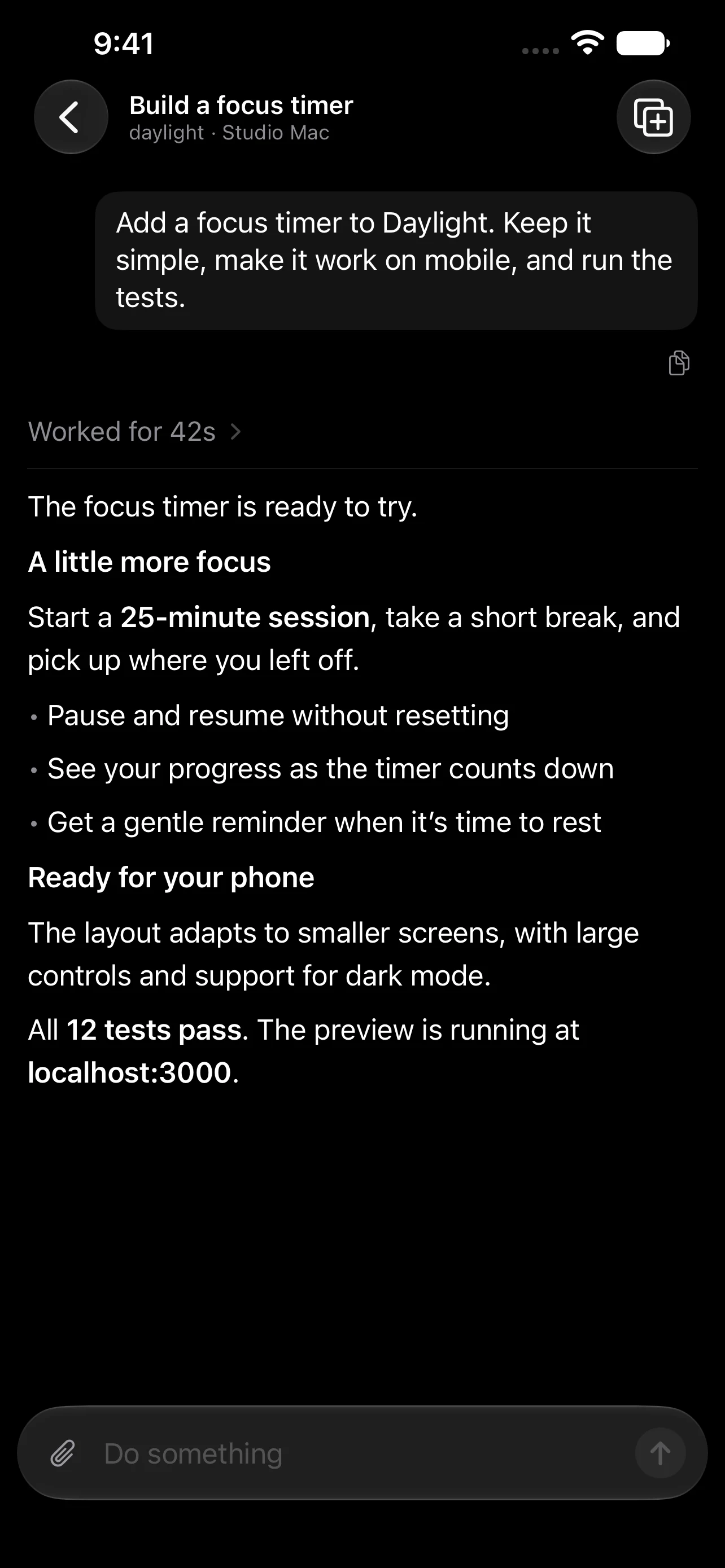 The same focus timer chat open in Codevisor on iPhone