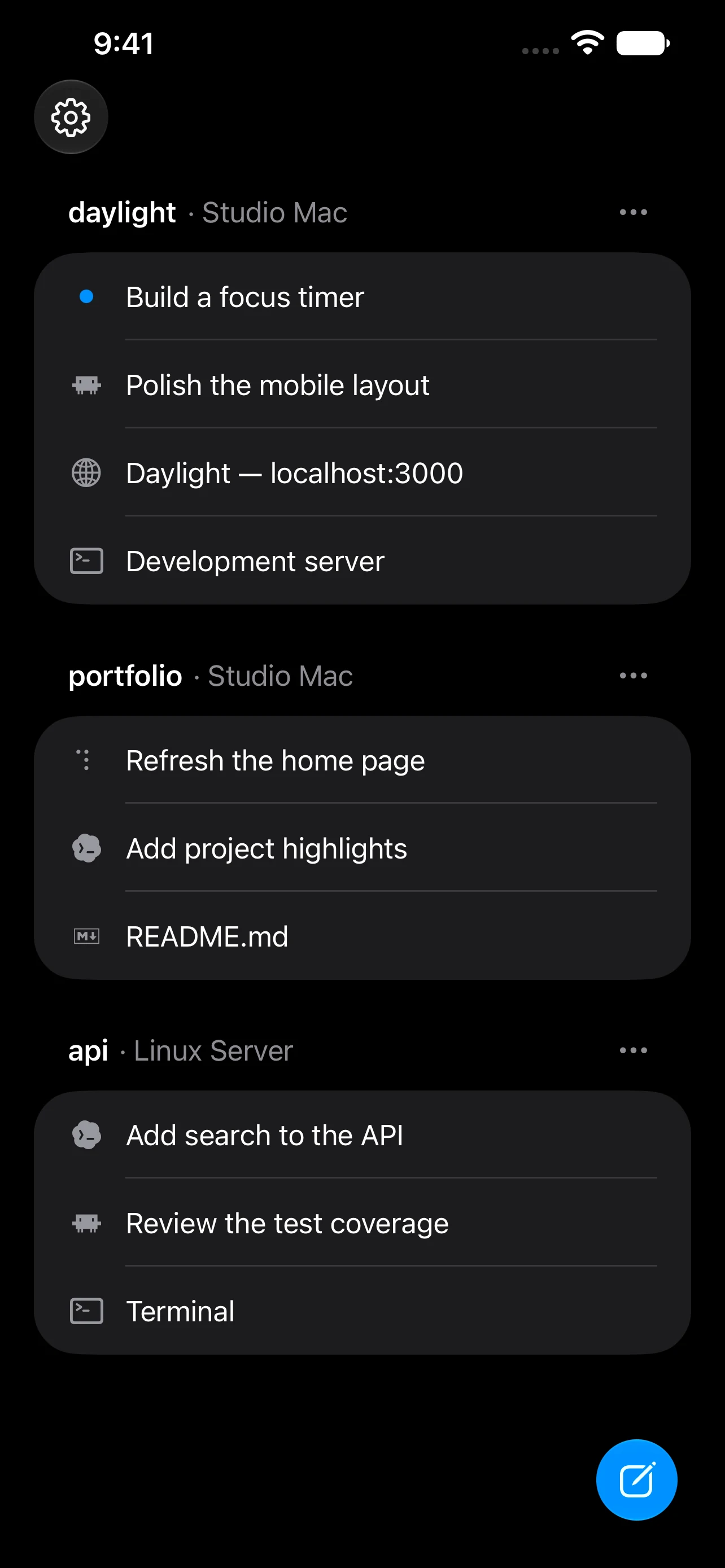 Codevisor on iPhone listing chats, browser previews, and terminals across projects on Studio Mac and Linux Server