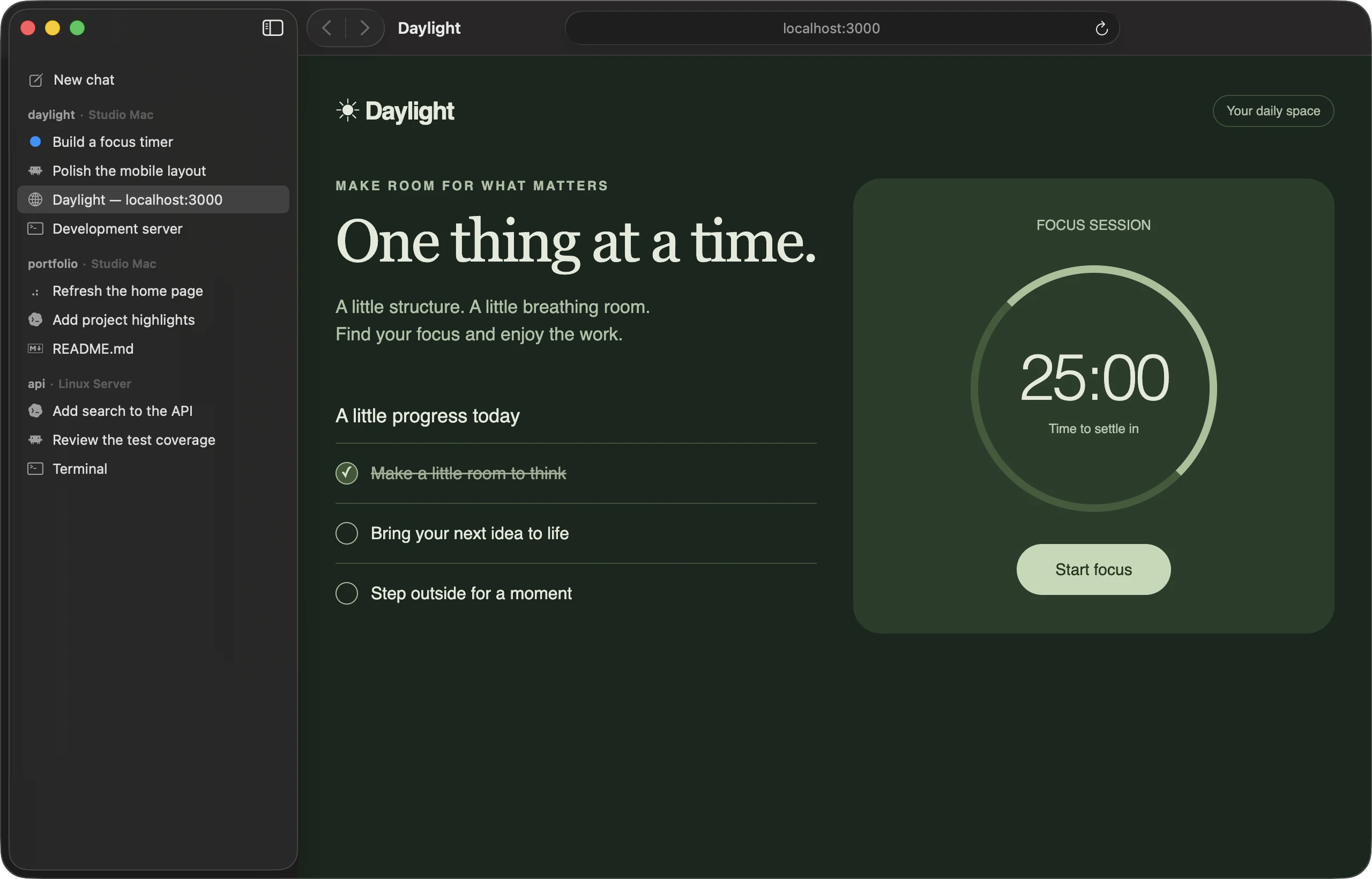 The Daylight focus timer app running at localhost:3000 in Codevisor's built-in browser on Mac