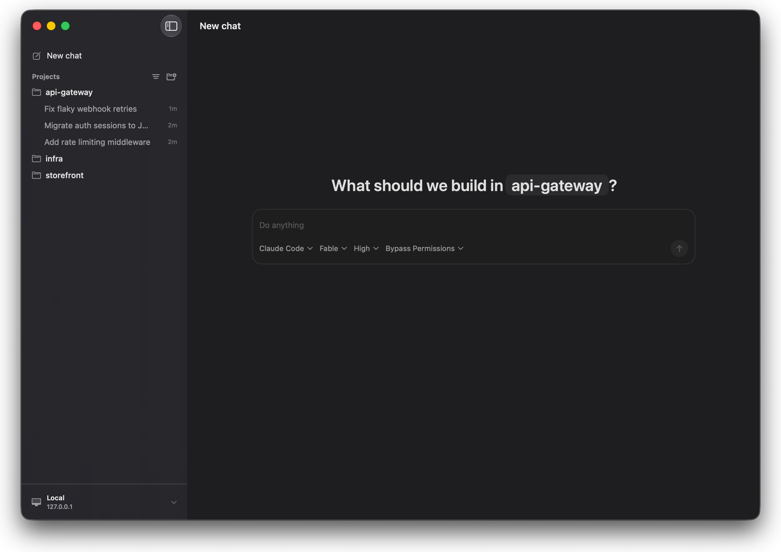 Codevisor project view listing chats for the api-gateway project