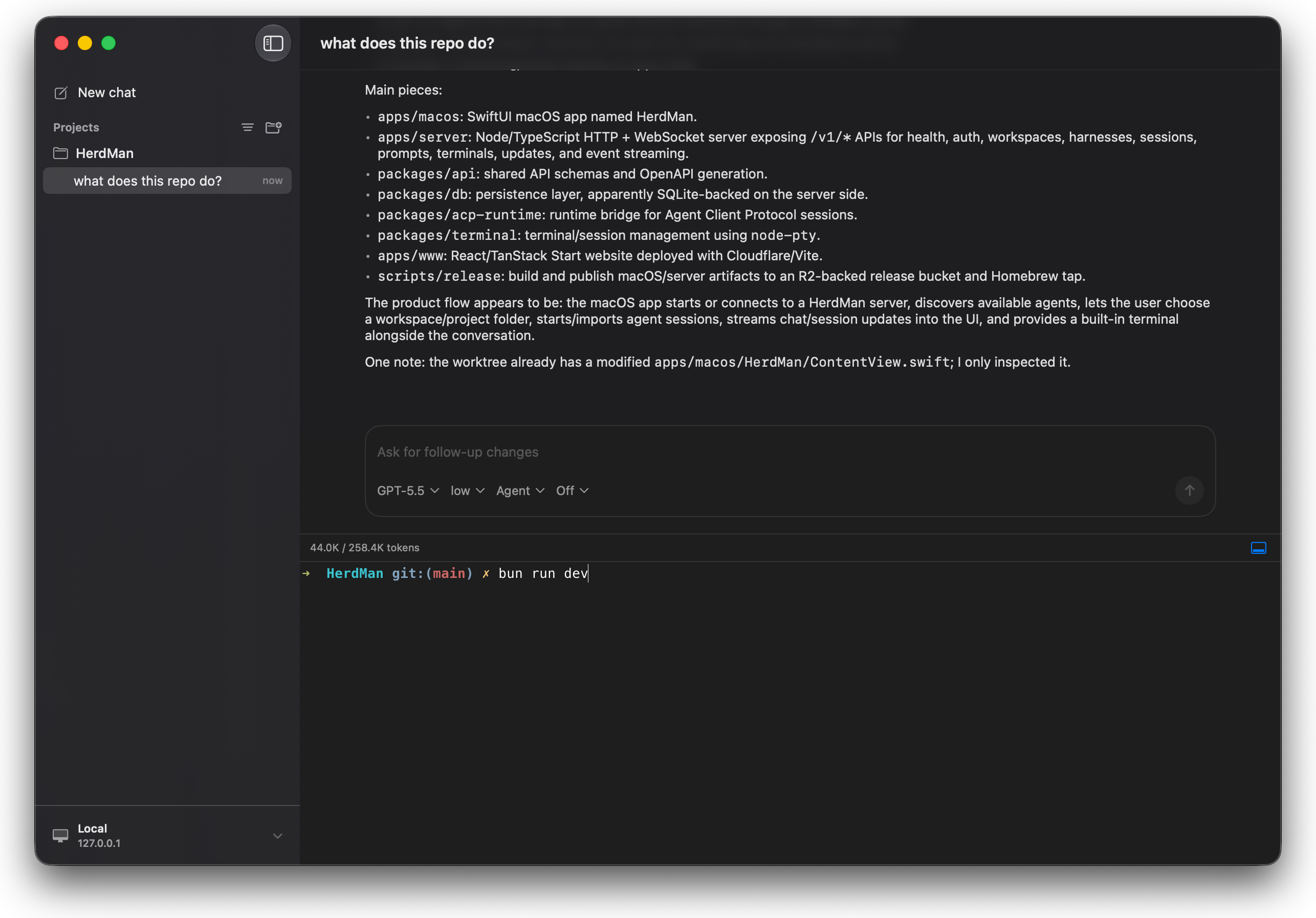 Codevisor with the built-in terminal open under an agent chat